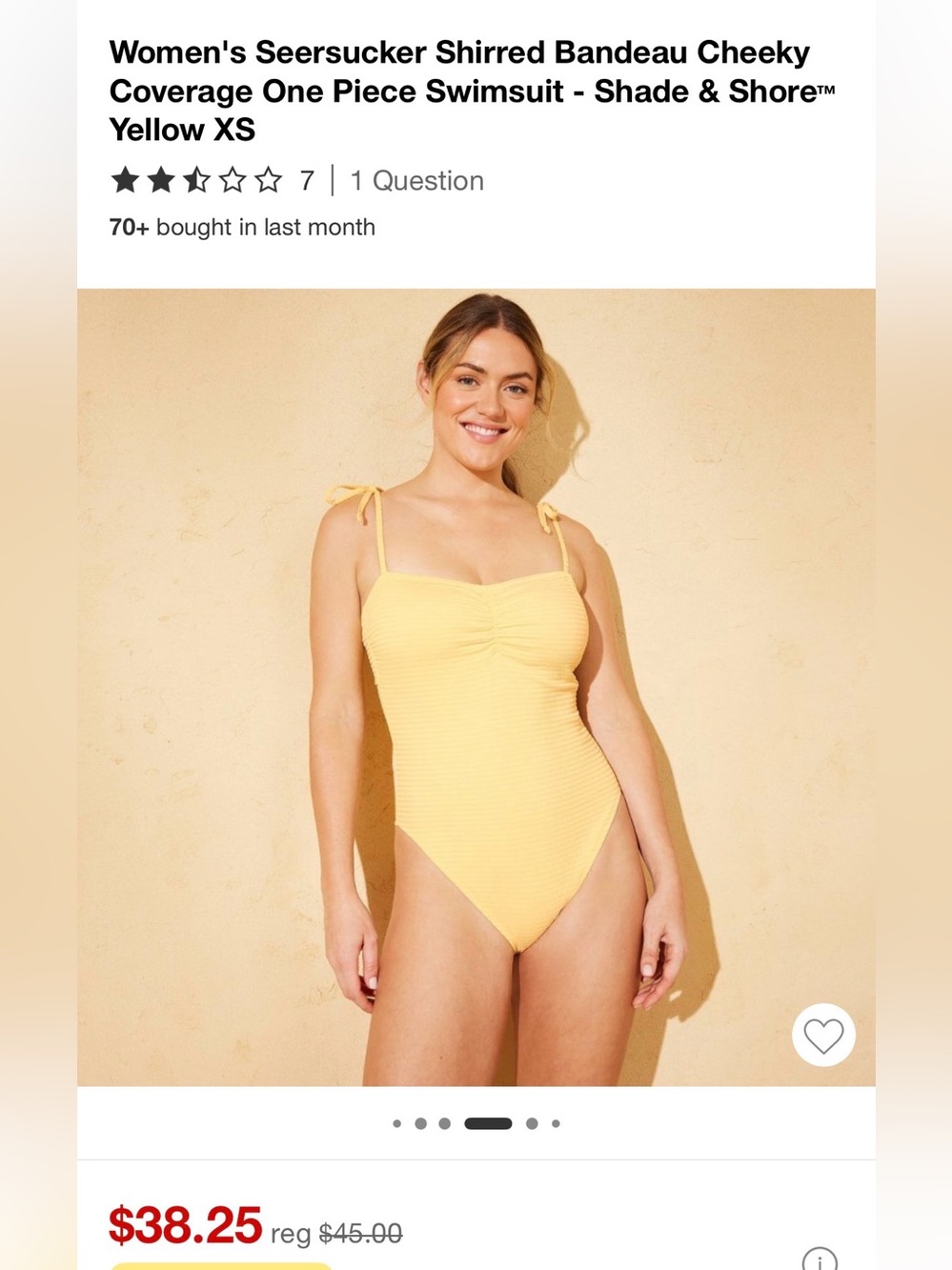 Shade & Shore Yellow Seersucker Shirred Bandeau One-Piece Swimsuit XS